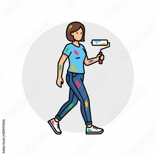 Woman walking with a paint roller, wearing colorful clothes with spots of paint. Woman walking is ready for home renovation, holding painting equipment and dressed in casual clothes.