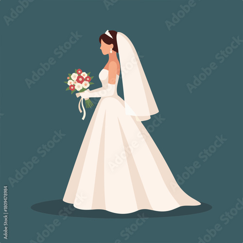 Woman walking gracefully in elegant white gown, holding wedding bouquet, side view. Woman goes, dressed in bridal attire and long gloves, tiara and sheer veil completes her look.