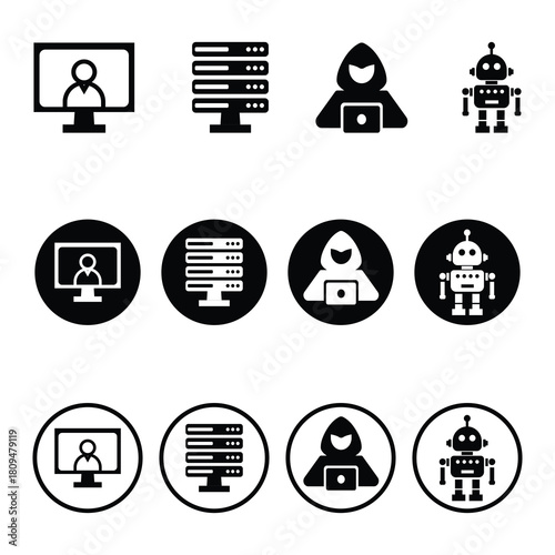 Icon set of client, server, robot, hacker. Tech support icon set bundle