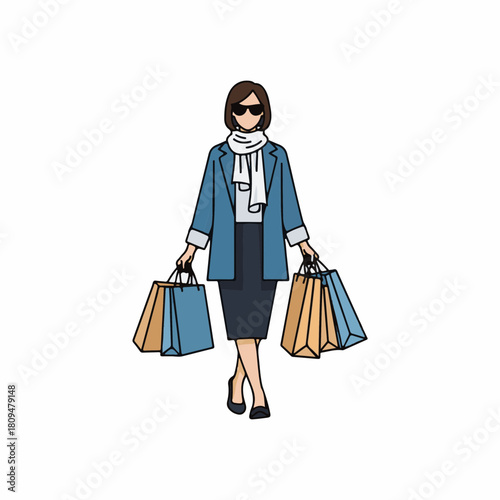 Woman walking with shopping bags, holding paper packets and wearing casual clothes. The woman walking displays a stylish shopper in minimalist outline and simple colors, suggesting consumer culture,