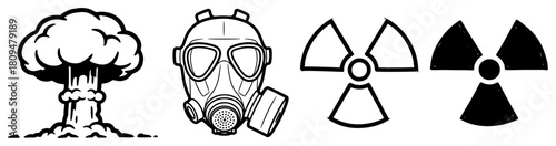 Set of Hand Drawn Vector Nuclear Danger Symbols Including Mushroom Cloud and Gas Mask