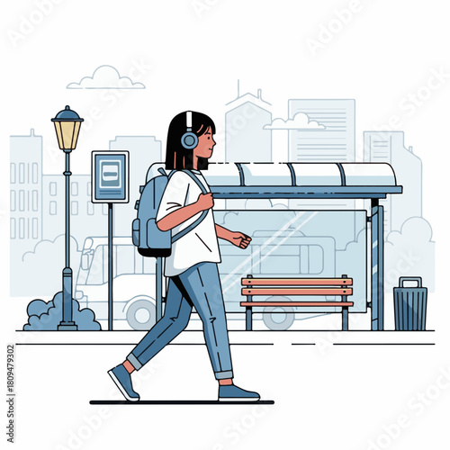 Woman walking with headphones and backpack in city scene illustration. Woman walking with casual clothes and listening to music near bus station in downtown. Depicts woman walking,