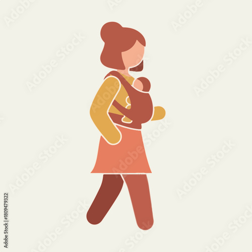 Woman walking with baby in sling, depiction of mom carrying infant in baby carrier. Woman walking shows motherhood, comfort, and parental care using fabric sling.