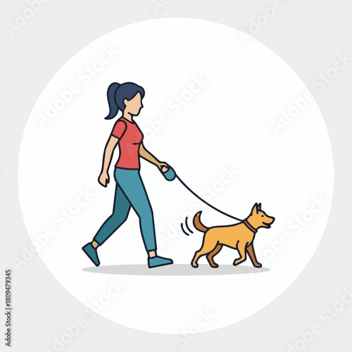 Woman walking dog illustration with happy pet on leash, joyful stroll in daylight. Woman walking dog for exercise, walking with happy dog, showing canine companion loyalty.