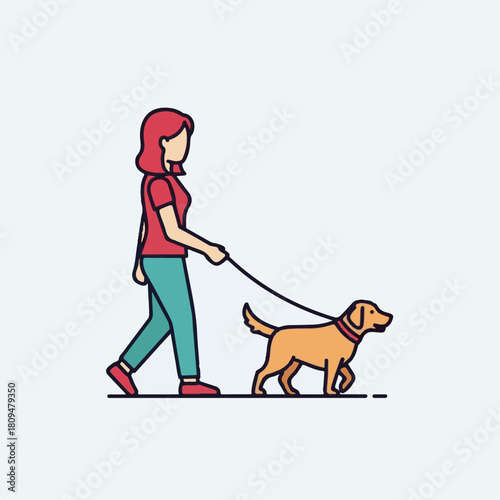 Woman walking her dog on leash in simple line art, stylized human figure in casual clothing with pet. Woman walking with canine companion shows connection with nature and healthy lifestyle.
