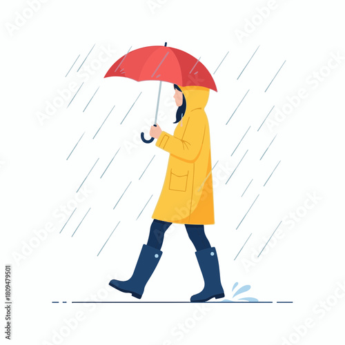 Woman walking in rain with red umbrella and yellow raincoat, she is walking through puddles on white background. Woman walking in rain, wearing blue wellington boots in inclement weather.