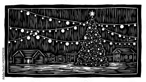 Atmospheric Hand Drawn Vector Woodcut Illustration of Christmas Tree and Village Night Scene with String Lights