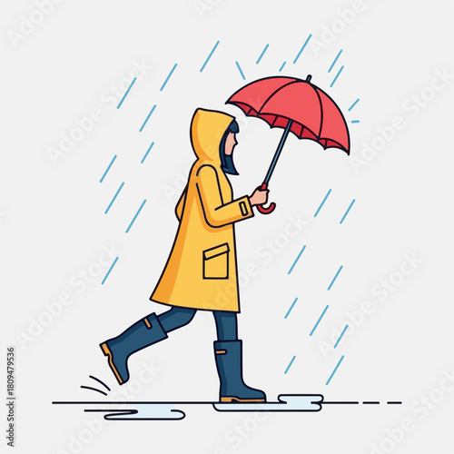 Illustration of woman walking in rain with umbrella, wearing yellow raincoat and boots. This woman walking under the umbrella suggests movement and resilience.