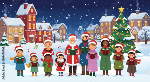 Vector illustration of a happy community choir singing Christmas carols in a festive snowy town at night
