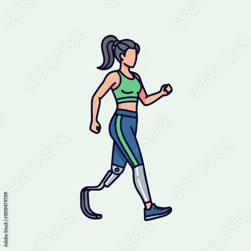 Woman walking with prosthetic leg wearing athletic wear on white background. Woman walking for health is a powerful image of inclusion and strength.