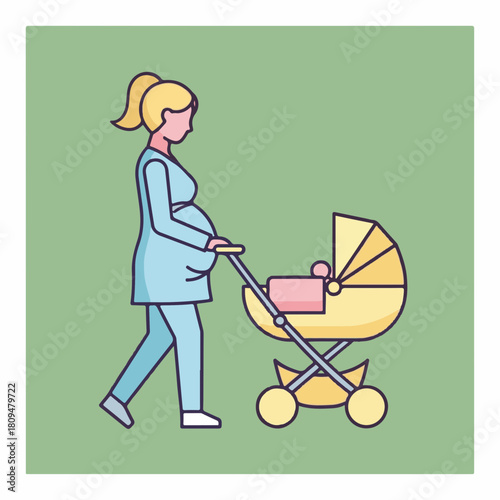 Pregnant woman with stroller against green background. Pregnant woman gently pushes stroller, symbolizing care and anticipation, walking on a pleasant day.