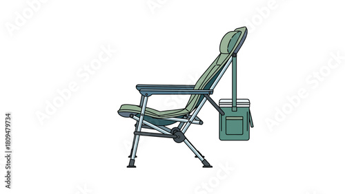 A green camping chair with an attached cooler bag