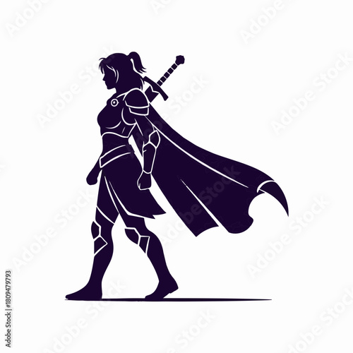 Walking woman silhouette in armor with sword and cape. Woman silhouette illustrates brave female figure in full protective gear, including shoulder armor, cape, and sword over shoulder.