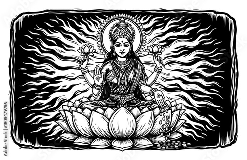 Detailed Vector Engraving of Hindu Goddess Lakshmi Sitting on Lotus Flower with Gold Coins