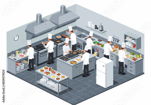 Isometric view of a bustling professional kitchen, where a team of skilled chefs efficiently prepares diverse gourmet dishes in a modern culinary setting