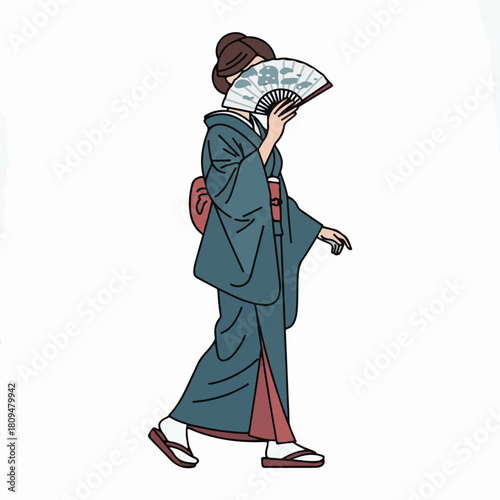 Woman walking in traditional kimono with hand fan on white background. Woman walking is gracefully depicted, a lady adorned in cultural attire, with her visage partially concealed by elegant fan.