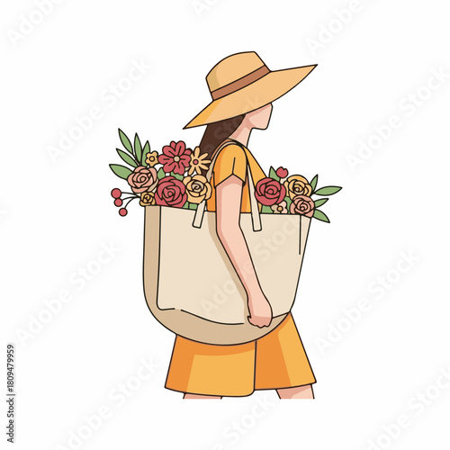 Woman walking with flower tote, wearing sunhat and dress. Woman walking is depicted with vibrant bouquet, suggesting fresh harvest and spring time. Use this illustration of woman walking for ads.
