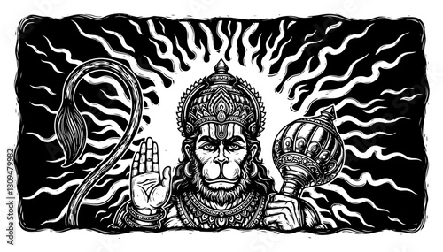 Artistic Hand Drawn Vector Woodcut Illustration of Hindu God Hanuman Holding Mace