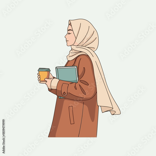 Woman walking with coffee and book on isolated background, woman walking in city to study, relax, or meet friends. Woman walking in modest style with beige hijab, brown coat,