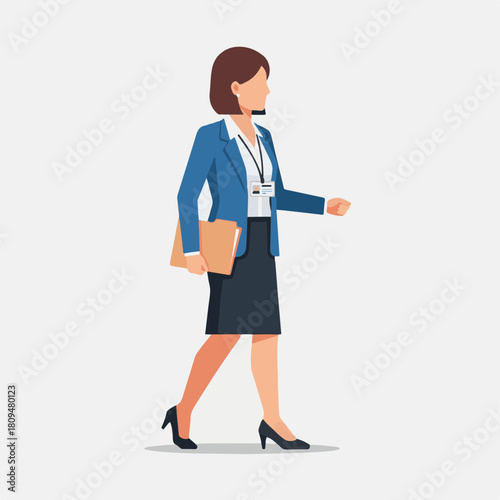 Woman walking with documents and in formal clothes against simple background. Walking woman wears business attire, id badge, and carries files. Concept woman walking for business presentations.