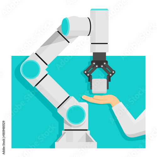 Cobot robotic arm working with human hand in collaboration