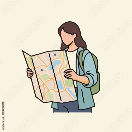 Woman walking with map, planning her journey, ready for exploration, adventure and sightseeing. Woman goes hiking with map, dressed in comfortable clothing and backpack. Using a map,