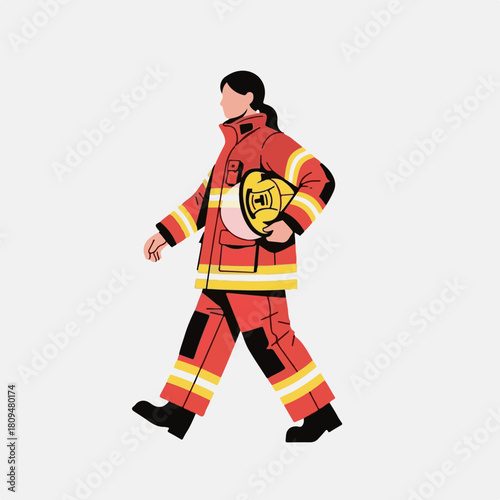 Woman walking in a firefighter uniform. Walking woman is a brave professional in red jacket and pants holding protective helmet.