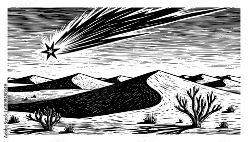Woodcut Illustration of Shooting Star Comet Flying Over Desert Sand Dunes