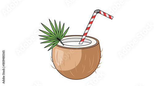 A halved coconut filled with white liquid a red and white striped straw and a green leaf