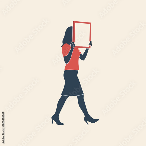 Woman walking with blank frame in hand, vector. Illustration shows woman walking with blank frame, wearing casual clothes and high heels, with arms extended holding up sign.