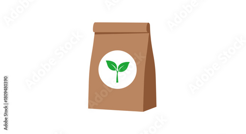 Simple vector illustration of a brown paper shopping bag with a green sprout logo symbolizing eco-friendly packaging and sustainability.