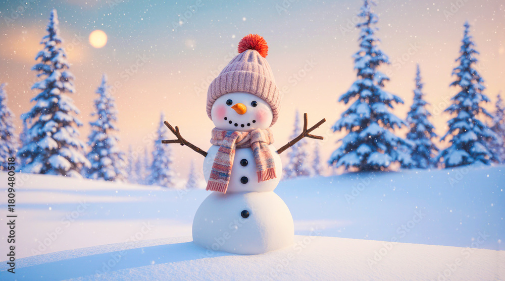 Fototapeta premium Charming snowman wearing a hat and scarf in a snowy winter forest