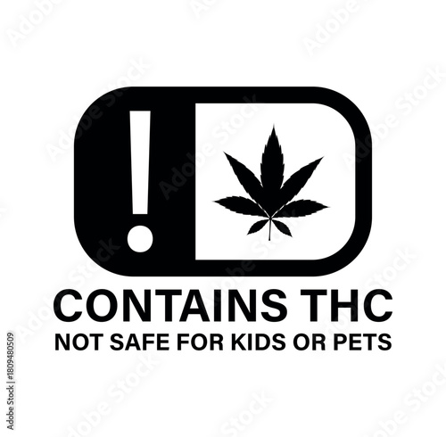 Black and white warning sign with exclamation point and cannabis leaf indicating contains thc content