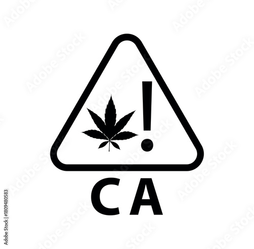 Black and white warning sign with cannabis leaf and ca text on a white background image design