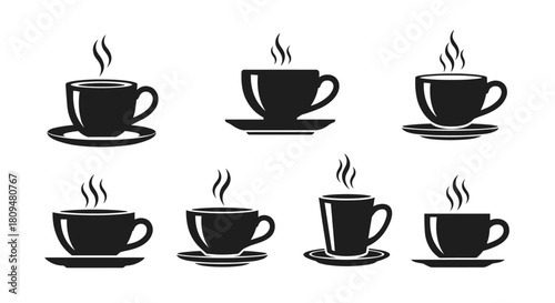 A collection of seven black silhouette icons depicting steaming hot coffee or tea cups and mugs on saucers for cafe or menu design.