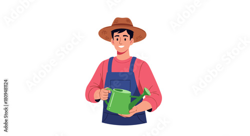 A friendly cartoon male gardener or farmer character wearing a hat and overalls while holding a green watering can for his plants.