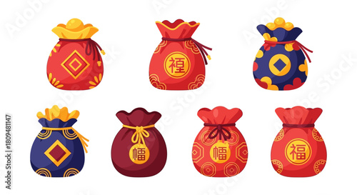 Collection of traditional Chinese lucky money bags with various designs and colors, symbolizing good fortune and prosperity.