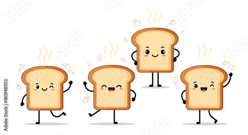 A set of four adorable kawaii cartoon toast bread characters with happy faces shown in various cute and cheerful dancing poses.