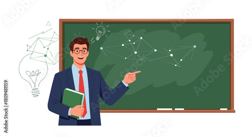 A smiling male teacher in a suit and tie stands by a chalkboard explaining a complex network diagram during a class lecture.