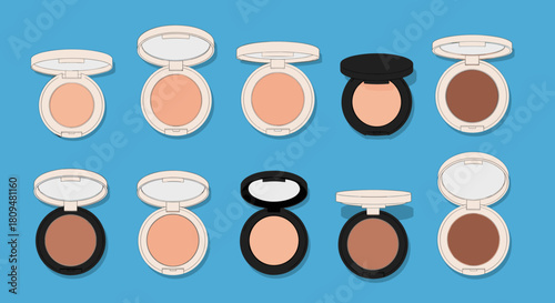 Top view of ten different cosmetic face powders or eyeshadows in various skin tone shades and compacts on a blue background.