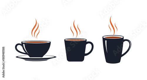 A set of three simple black coffee cup and mug icons with orange steam representing hot beverages like coffee tea or hot chocolate.