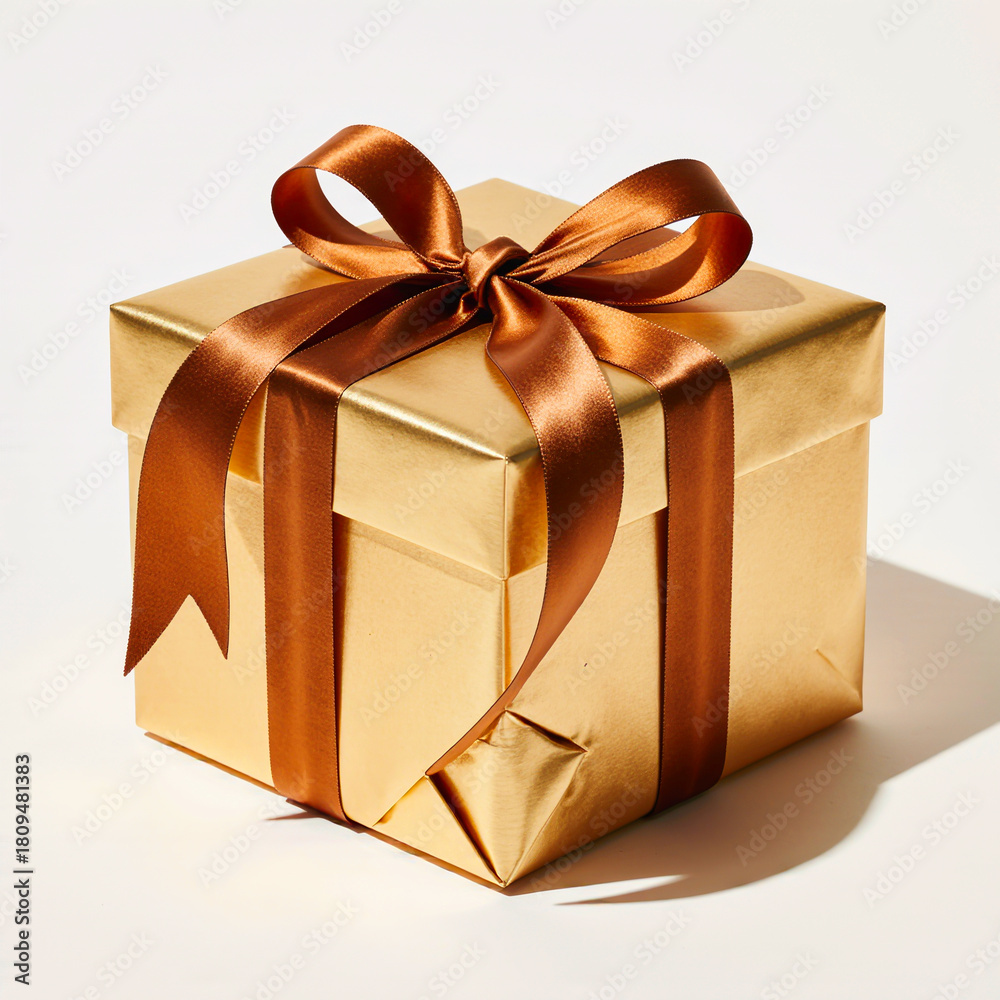Obraz premium Elegant gold gift box with a satin ribbon bow and wrapping