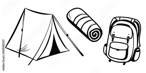 A tent, sleeping bag, and backpack are displayed together, symbolizing camping.