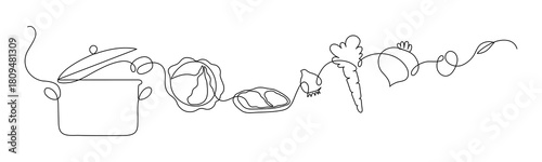Borsch in pot. Ukrainial cuisine. Borscht recipe. Borsh components; beetroot, cabbage, meat, onion, potato, carrot, bay leaf. Continuous line drawing.