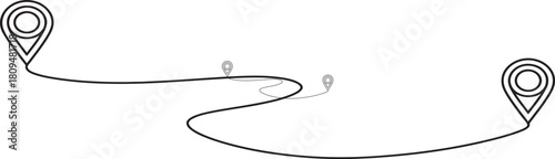 Continuous line art drawing of a winding journey route connecting multiple map location pins, illustrating travel and destination
