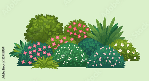 A beautiful illustration of a lush green garden landscape with a variety of flowering bushes and shrubs on a light green background.