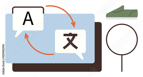 Speech bubbles with letters and arrows indicate exchange between languages, shown on a digital screen. Ideal for communication, translation, globalization, education, technology, language learning