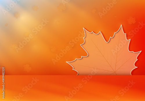 Autumn background with falling maple leaves, sunbeams, and a platform for your product. Vector illustration.