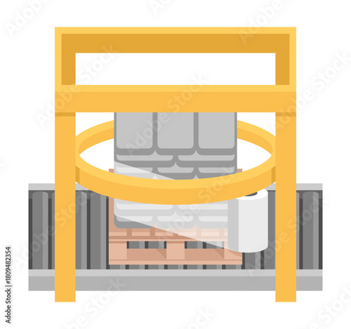 industrial crane scene, yellow gantry crane spans over factory and harbor during overcast weather