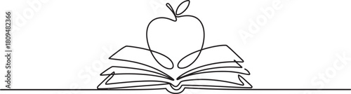 Continuous one line art drawing of an open book with a fresh apple, symbolizing education, wisdom, knowledge, and lifelong learning.